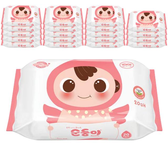 순둥이 베이직 무향 엠보싱 휴대용 아기 물티슈 리필형 20매 20팩