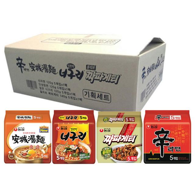 농심 신라면 120g X 5p + 안성탕면 125g X 5p + 얼큰 너구리 120g X 5p + 짜파게티 140g X 5p 1세트