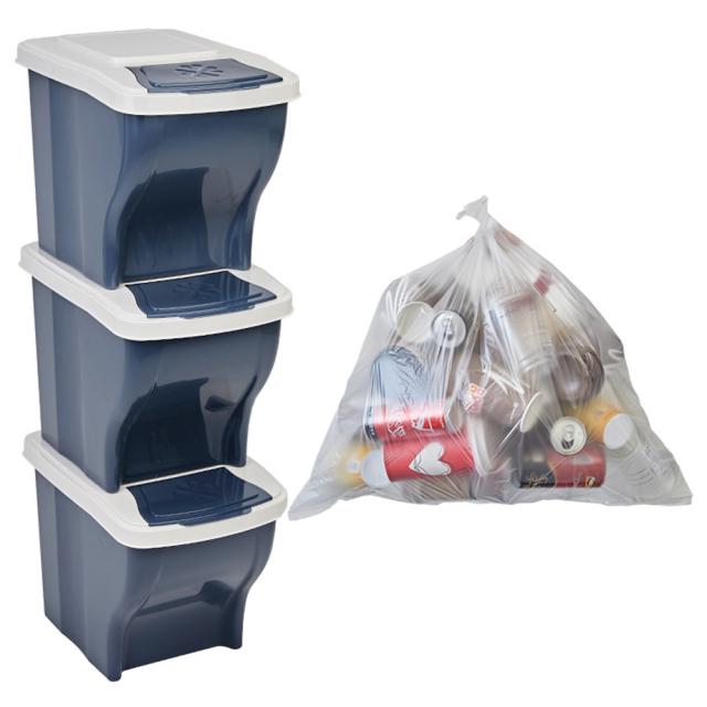 리벤스 가정용 분리수거함 3p + 분리수거 비닐봉투 40L 100p + 스티커, 애쉬블루, 1세트