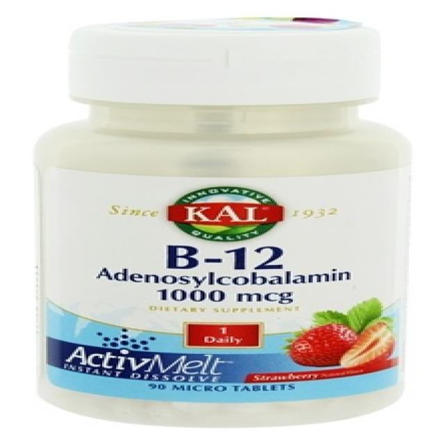 Kal B-12 아데노실코발라민 1000mcg 스트로베리 인스턴트 디졸브 마이크로 타블렛, 90개입, 1개