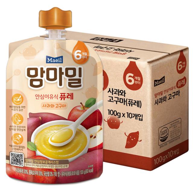 맘마밀 안심 이유식 퓨레 6개월부터, 사과 + 고구마 혼합맛, 10개입