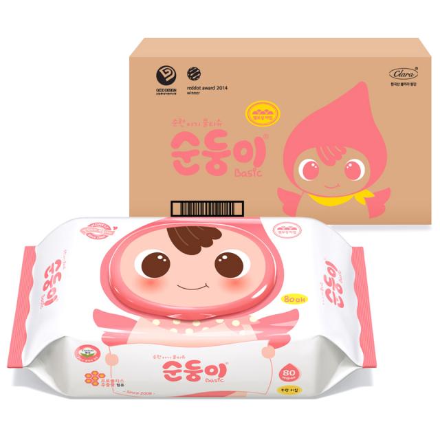 순둥이 베이직 무향 엠보싱 유아물티슈 캡형, 80매, 10팩