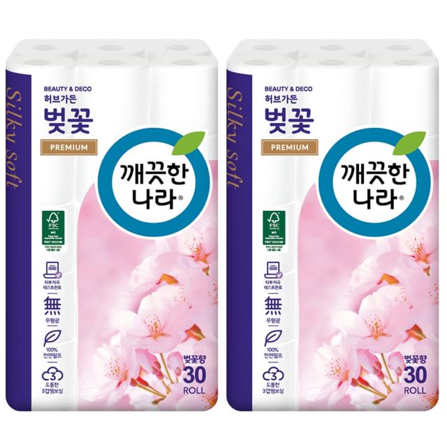 깨끗한나라 허브가든 벚꽃 프리미엄 3겹 롤화장지 천연펄프 27m 30롤 2팩