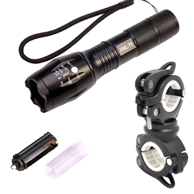 CREE 고휘도 줌라이트 1000루멘 자전거랜턴 XML T6 + 360도 회전형 멀티거치대, 랜턴(검정), 거치대(블랙 + 화이트), 1세트