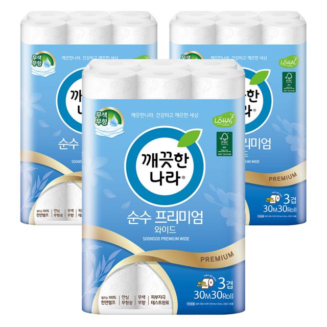 깨끗한나라 3겹 데코 순수 프리미엄 와이드 천연펄프 롤화장지 30m, 30롤, 3개