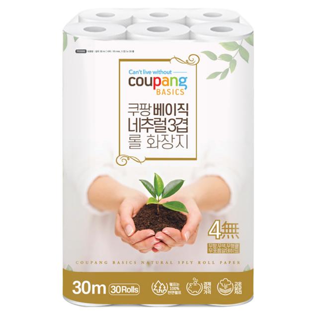 쿠팡베이직 네추럴 3겹 천연펄프 롤화장지 30m, 30롤, 1개