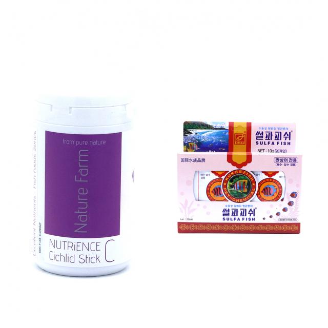 네이쳐팜 Nutrience Cichlid Stick 뉴트리언스 시클리드 스틱 관상어 사료 250ml + 국제어약 썰파피쉬 광범위 항균충제 10g x 20p, 1세트