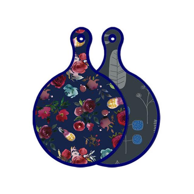 로엠디자인 블루에디션 양면 원형 서빙보드 도마 블루톤플라워, 감색나무라인, 1개