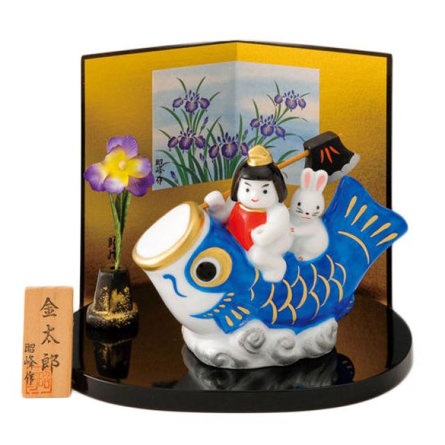 마츠모토자기 오브제 긴타로 출세 잉어와 꽃, 혼합 색상