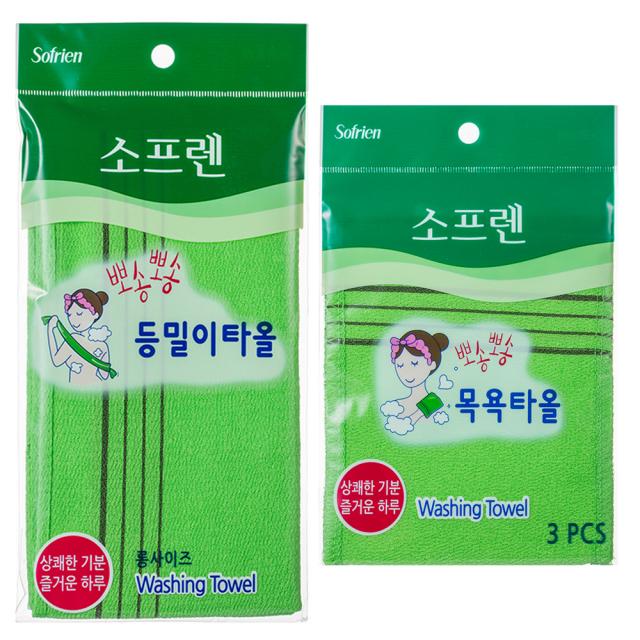 소프렌 뽀송뽀송 등밀이타올 1p + 목욕타올 3p 혼합 색상 1세트