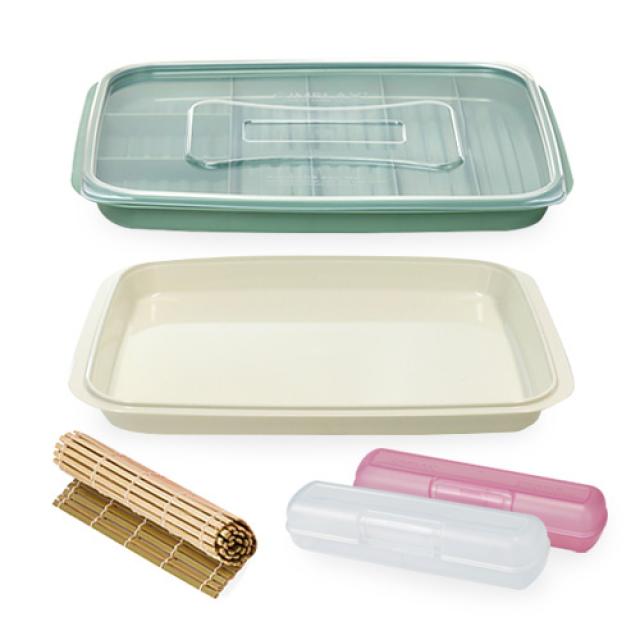 씨밀렉스 김밥 재료 보관용기 그린코랄 + 쟁반형 뚜껑 + 대나무 김밥말이 + 김밥트레이 랜덤 발송 2p, 그린 코랄, 1세트