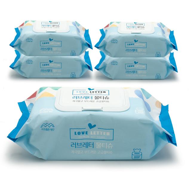 러브레터 프리미엄 물티슈 캡형, 80매, 5팩