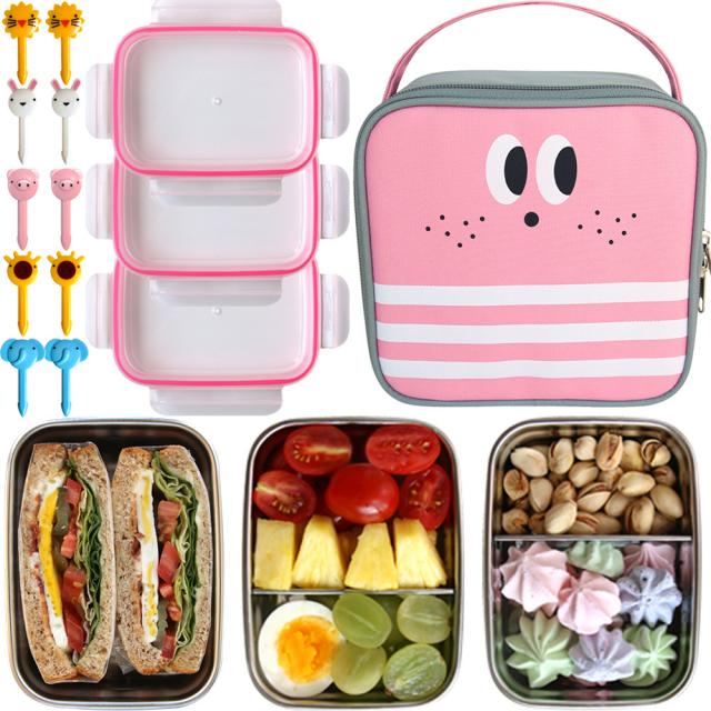 도시락 픽 스텐도시락 3단 가방세트 픽 10p + 깊은밥통 + 칸막이찬통 2p + 가방, 핑크, 1세트