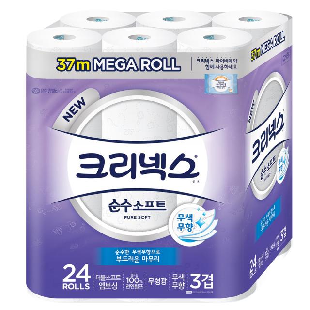 크리넥스 3겹 순수소프트 화장지 37m 24롤 1팩