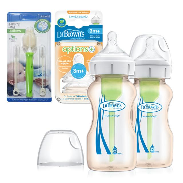 닥터브라운 와이드넥 옵션스 플러스 PESU젖병 270ml 2p + 젖꼭지 2p + 통기세척솔 세트, 2단계, 혼합 색상