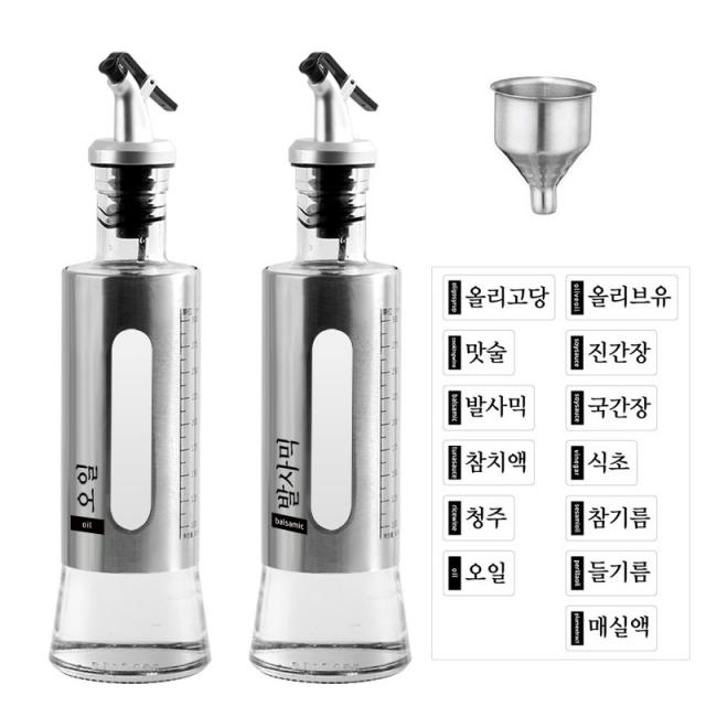 304스텐 유리 오일병 2p + 깔때기 + 13종 스티커 320ml 1세트