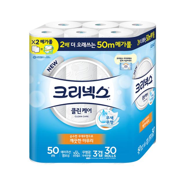크리넥스 3겹 클린케어 메가롤 화장지 50m 30롤 1팩