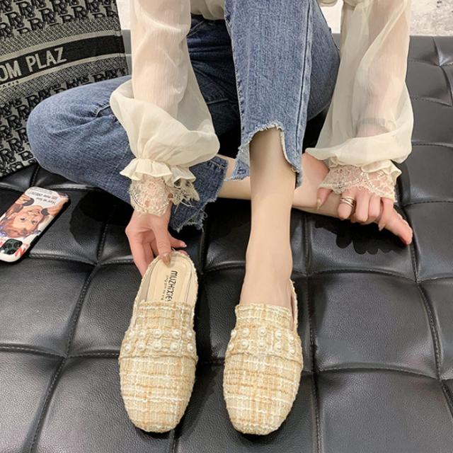 올나인 여성용 모조진주장식 트위드패턴 뮬