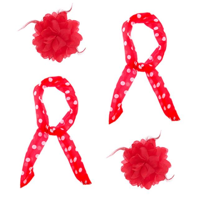 복고 멀티 패션 스카프 + 멀티 꽃 머리핀 세트, 레드, 2세트