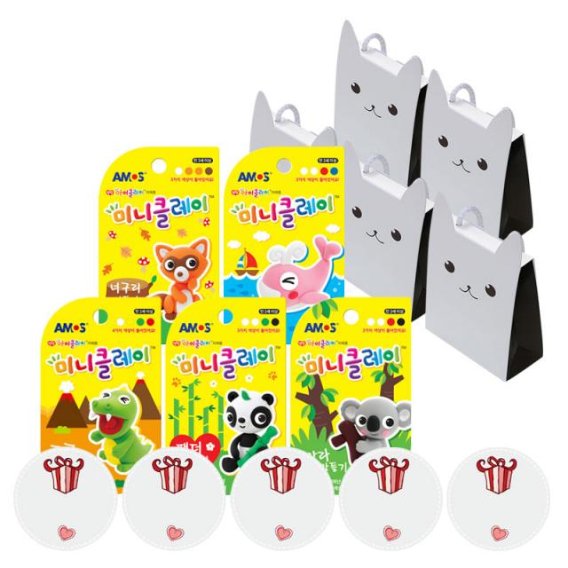 킨더맘 어린이집 생일선물 아모스 미니클레이 5종 + 끈 상자 5p + 스티커 5p 세트, 클레이(혼합색상), 상자(초코), 1세트