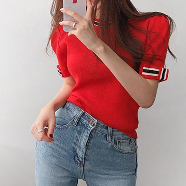 비비에모 여성용 쓰리웨이 넥 어깨 살짝 봉긋 반팔 니트 티셔츠 00995