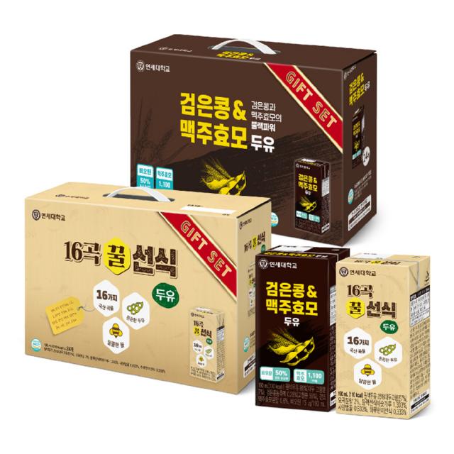 연세우유 16곡 꿀선식 두유 190ml x 24p + 검은콩 & 맥주효모 두유 190ml x 24p 세트, 1세트