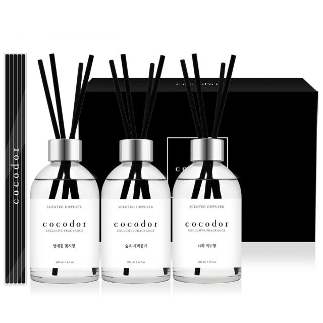 코코도르 퍼퓸 디퓨저 200ml x 3개 + 리드스틱 20개입 세트, 양재동 꽃시장, 숲속 새벽 공기, 너의 비누향
