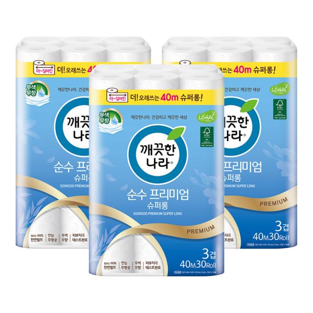 깨끗한나라 순수프리미엄 수퍼롱 40m, 30롤, 3팩