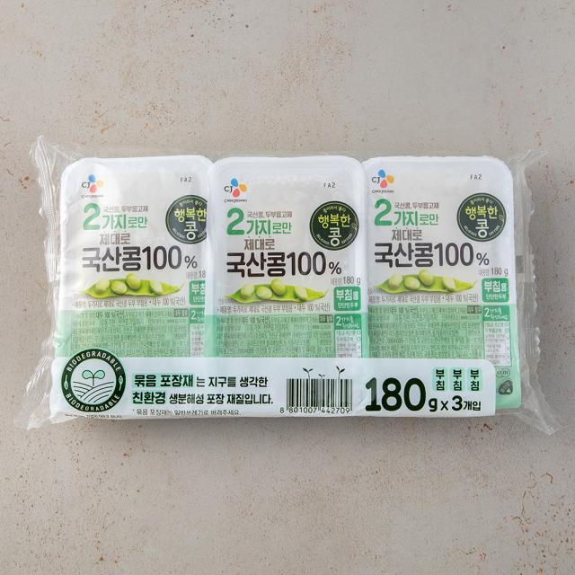 행복한콩 두부 국산콩 100퍼센트 두부 부침용, 180g, 3개