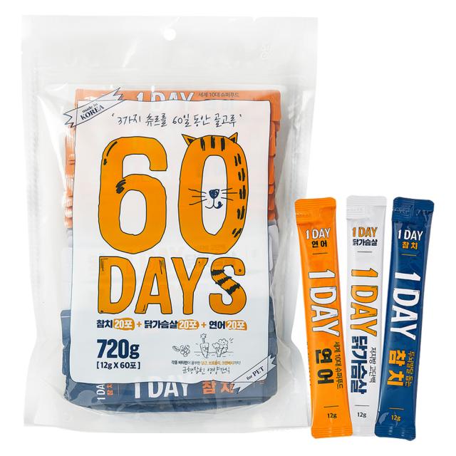 60데이즈 짜먹는 고양이 간식 참치 12g X 20포 + 닭가슴살 12g X 20포 + 연어 12g X 20포 참치 닭가슴살 연어 1세트