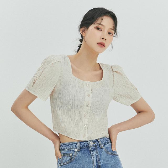 미쏘 조직감소재 크롭 블라우스