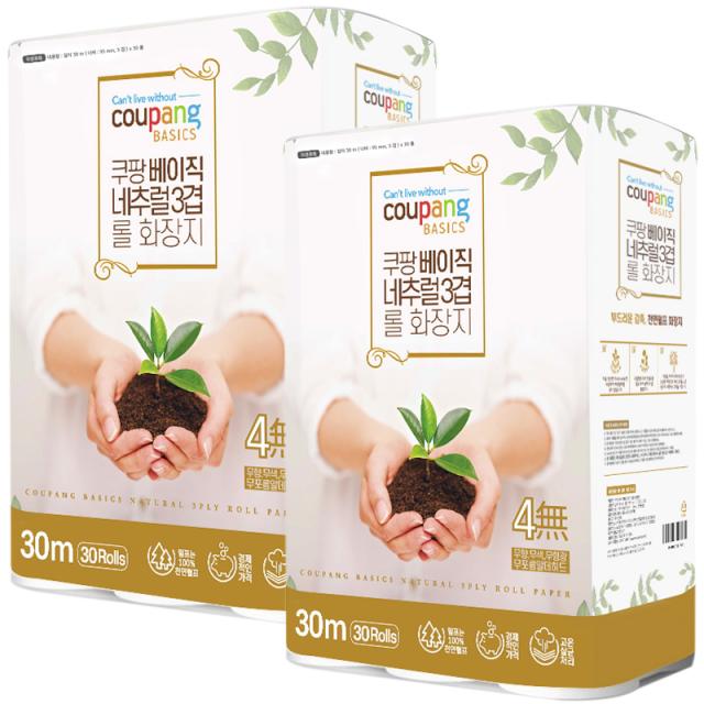 쿠팡베이직 네추럴 3겹 천연펄프 롤화장지 30m 30롤 2팩
