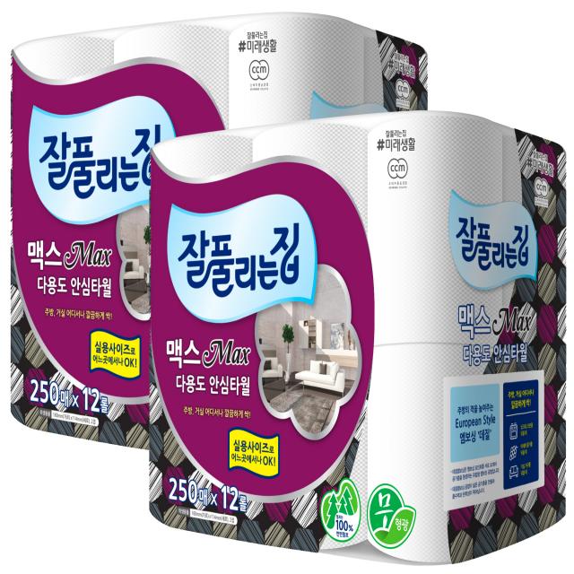 잘풀리는집 맥스 다용도 키친타올 250매, 12개입, 2개