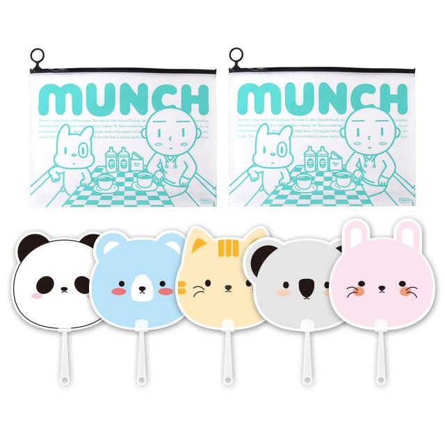 애니멀 프랜즈 부채 5p + 뭉크 지퍼백 라지 2p 세트, 민트(지퍼백), 랜덤발송(부채), 1세트
