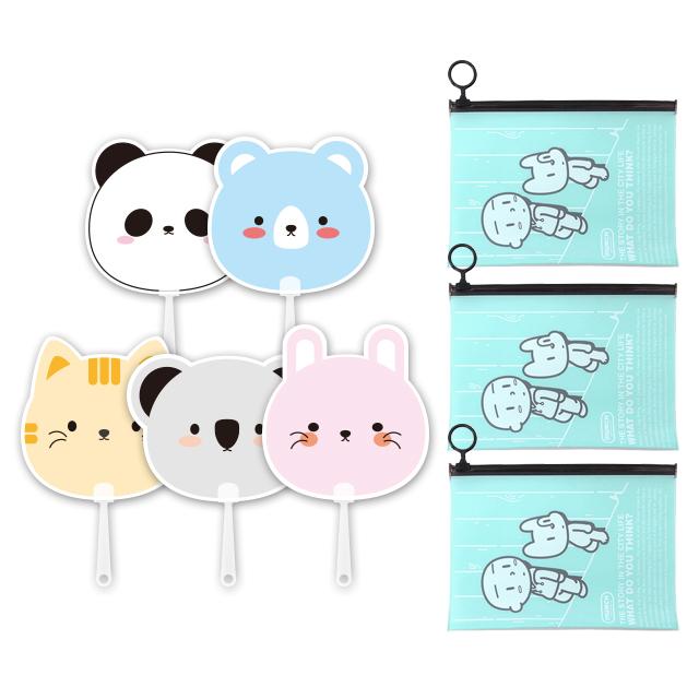 애니멀 프랜즈 부채 5p + 뭉크 지퍼백 스몰 3p 세트, 민트(지퍼백), 랜덤발송(부채), 1세트