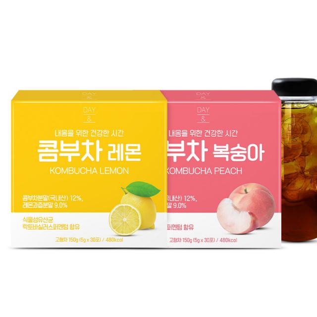 데이앤 콤부차 레몬 5g x 30p + 복숭아 5g x 30p + 전용보틀, 150g, 1세트