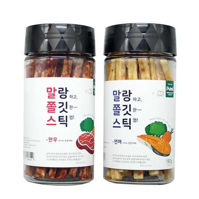 푸르미 강아지 말랑 쫄깃 스틱 180g, 한우+혼합야채 , 연어+혼합야채, 1세트