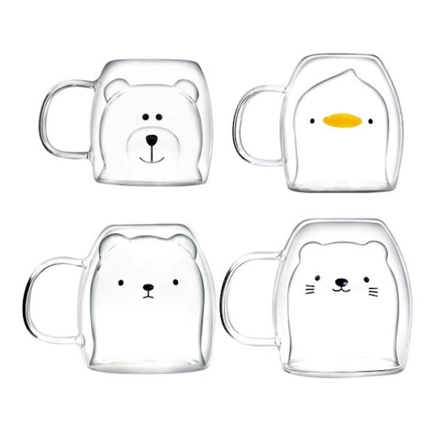 라임올리브 동물 내열 이중 머그컵 4종 세트 곰 무뚝뚝캣 스마일캣 오리 1세트