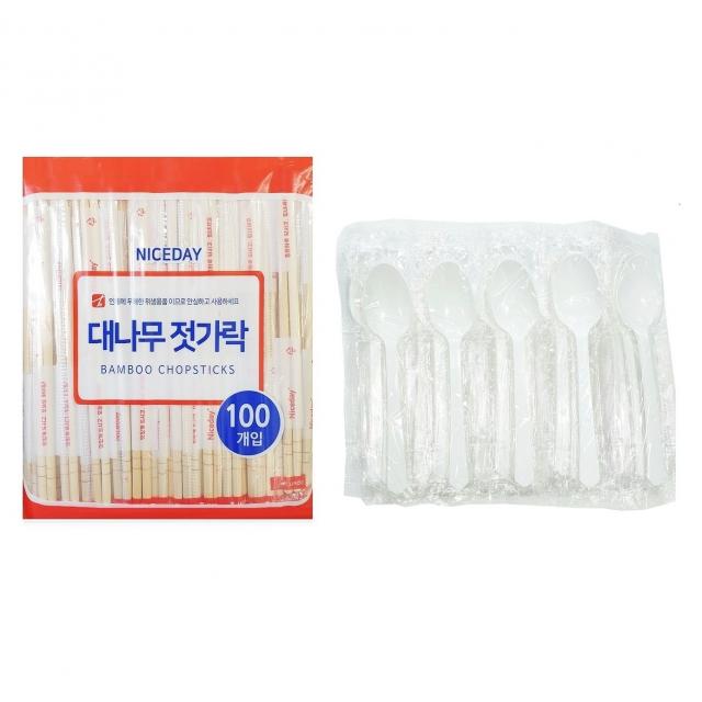 생활을그리다 대나무 젓가락 100p + 다회용 스푼 화이트 50p, 1세트