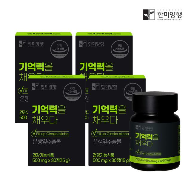 한미양행 기억력을 채우다 500mg 30정 징코메모리 은행잎 추출물 기억력개선 혈행개선, 4개, 500mg 30정