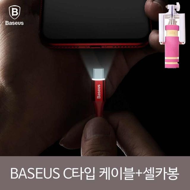 HKC79338 베이스어스 C타입 라이트 케이블 2M+셀카봉SET, 1, 레드