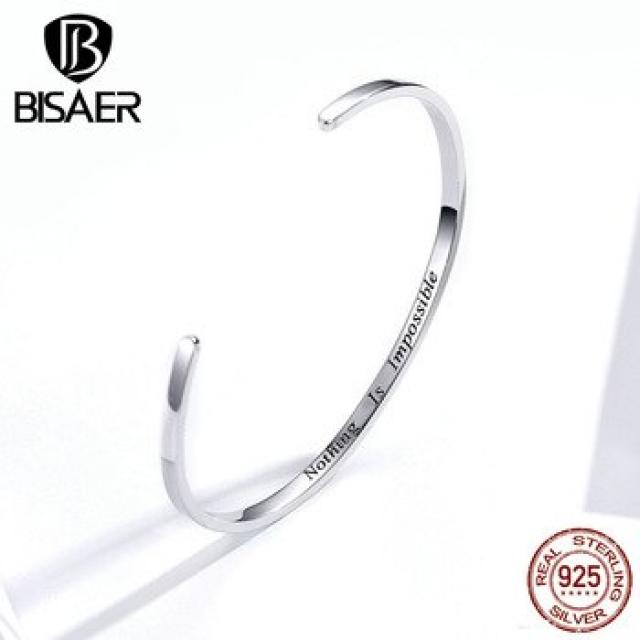 [해외] 팔목 bangles BISAER 925 스털링 실버 아무것도 불가능하다 여성 커프 팔찌 여성을위한 팔찌 용감한 실버 주얼리 ECB160