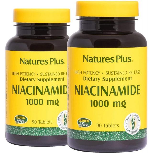 Natures Plus Niacinamide (2 팩) - 1000 mg 90 채식 정체 지속 방출 - 고혈당 비타민 B3 보충제 저혈, 1, 단일상품