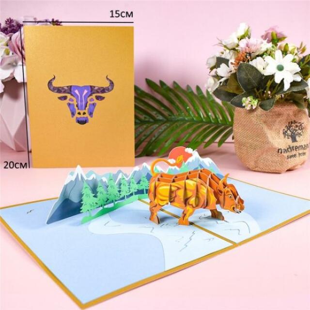 10 Pack 3D Bull 팝업 생일 카드 아빠를위한 아버지의 날 비즈니스 선물 귀여운 만화 동물 인사말 카드 수제, 10 cards