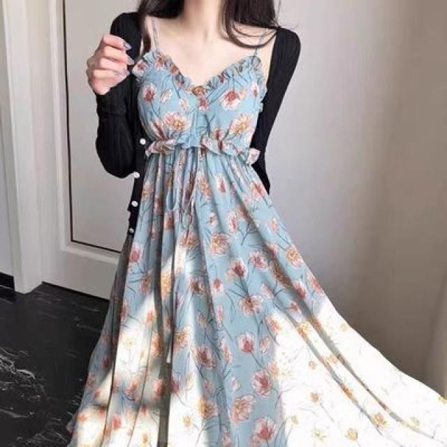 KORELAN 첫사랑 롱스커트 기질 신범 옷 가볍다 익다 헥세 플라워 시폰 나시 붐