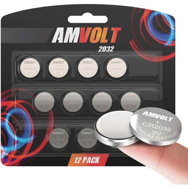 12팩 AmVolt CR2032 배터리 220mAh 3V 리튬 배터리 코인 버튼 셀 2025 만료일:, 1