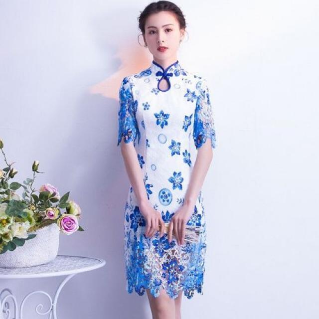 [해외] 블루 화이트 슬림 CHEONGSAM 긴 드레스 현 ORIENTALE 새틴 드레스 QIPAO 어 번체 류 제나라 파오 여성