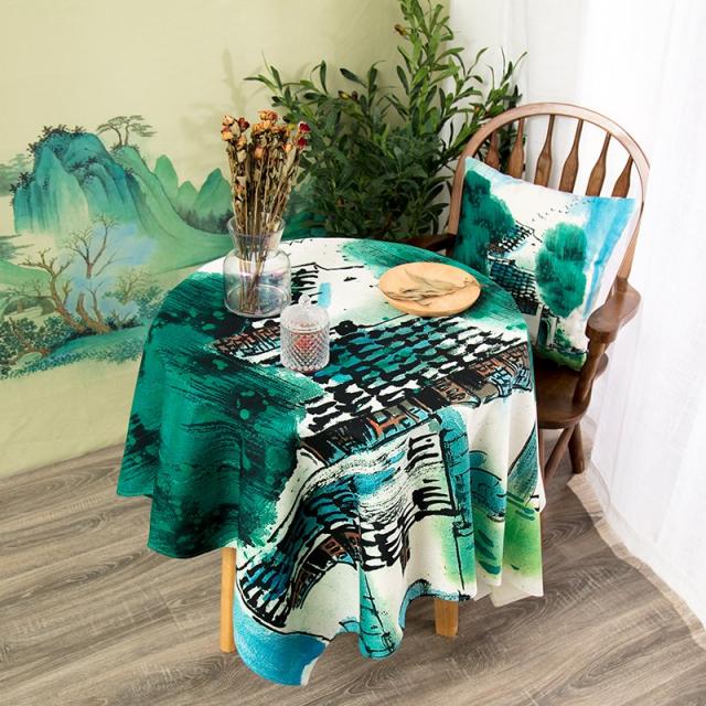 오물락조물락 유화그림 중국식 산 수오일 식탁 덥는천 방수 면린넨 장식 원탁테이블 테이블보 소테이블 차 탁자보 고화질 나염, 맟춤제작 사이즈 연락 고객서비스, 산수풍경 청록색의 강기슭