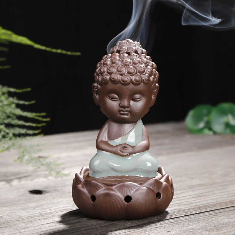 작은 부처님 동상 향 버너 세라믹 용광로 향 스틱 향 청자 부처님 용품, 1개, 황색