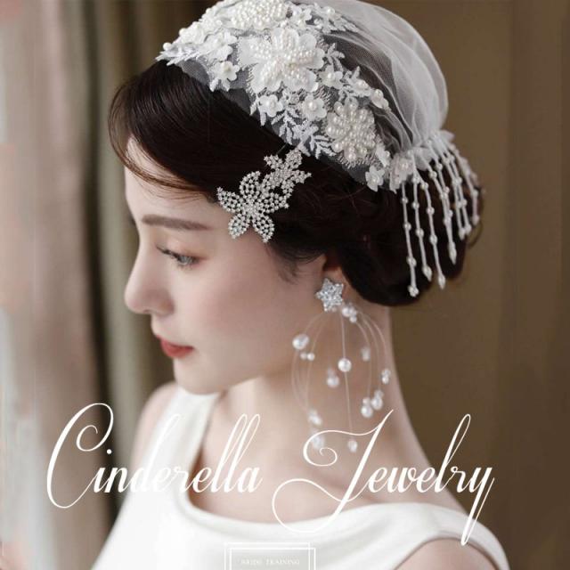 헤어핀 여신 내추럴스타일 신부 결혼 결혼식 여행촬영 외경 면사포 복고 진주 레이스 머리장식 별 귀걸이